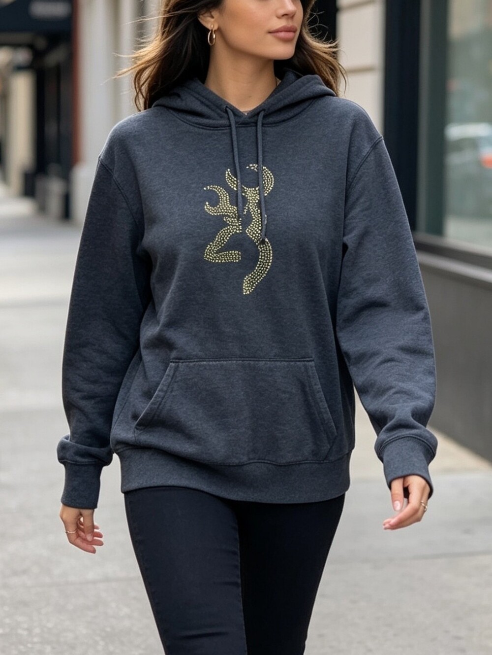 Browning Hoodie Size M Gray Pullover Gold Buck Logo Deer Hunting Sweatshirt